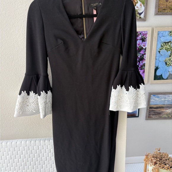 Ted Baker London Black Plunge Dress with White Lace Bell Sleeves - Picture 1 of 4